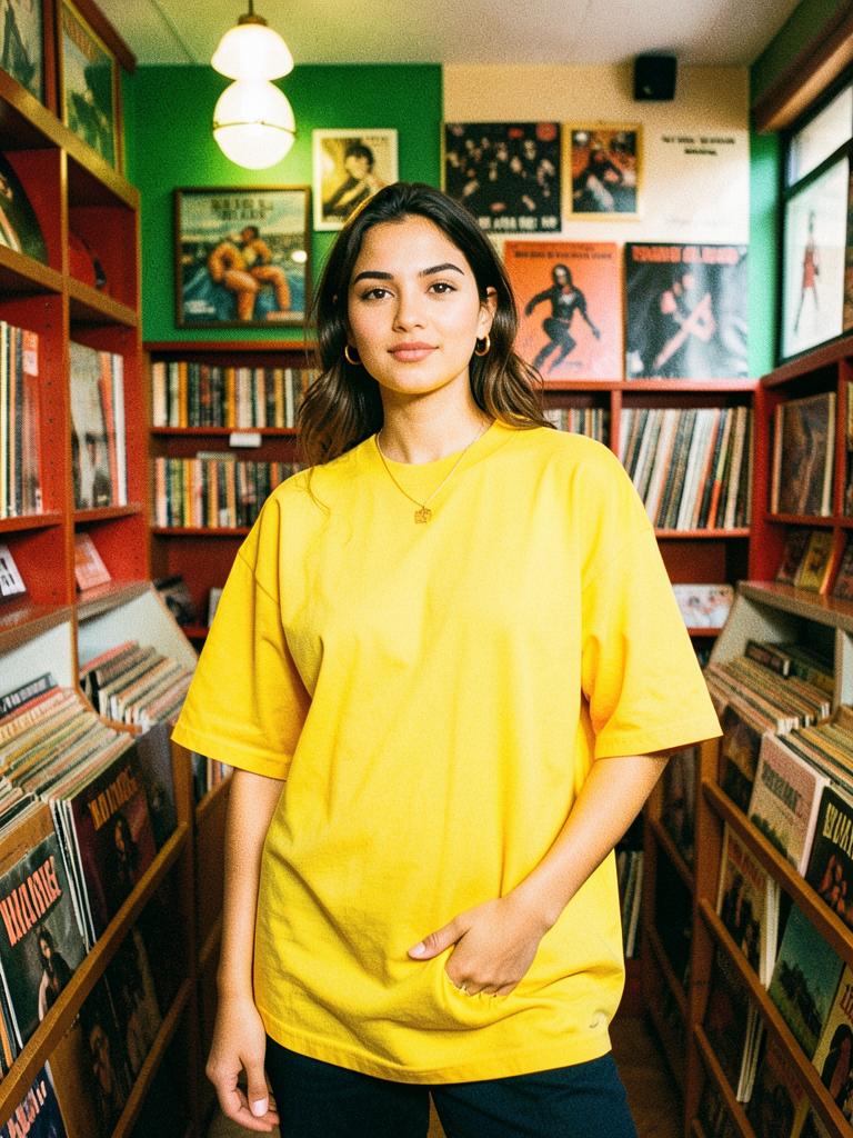 Modelo usando camiseta amarela MOLHO.BRASIL em uma loja de discos